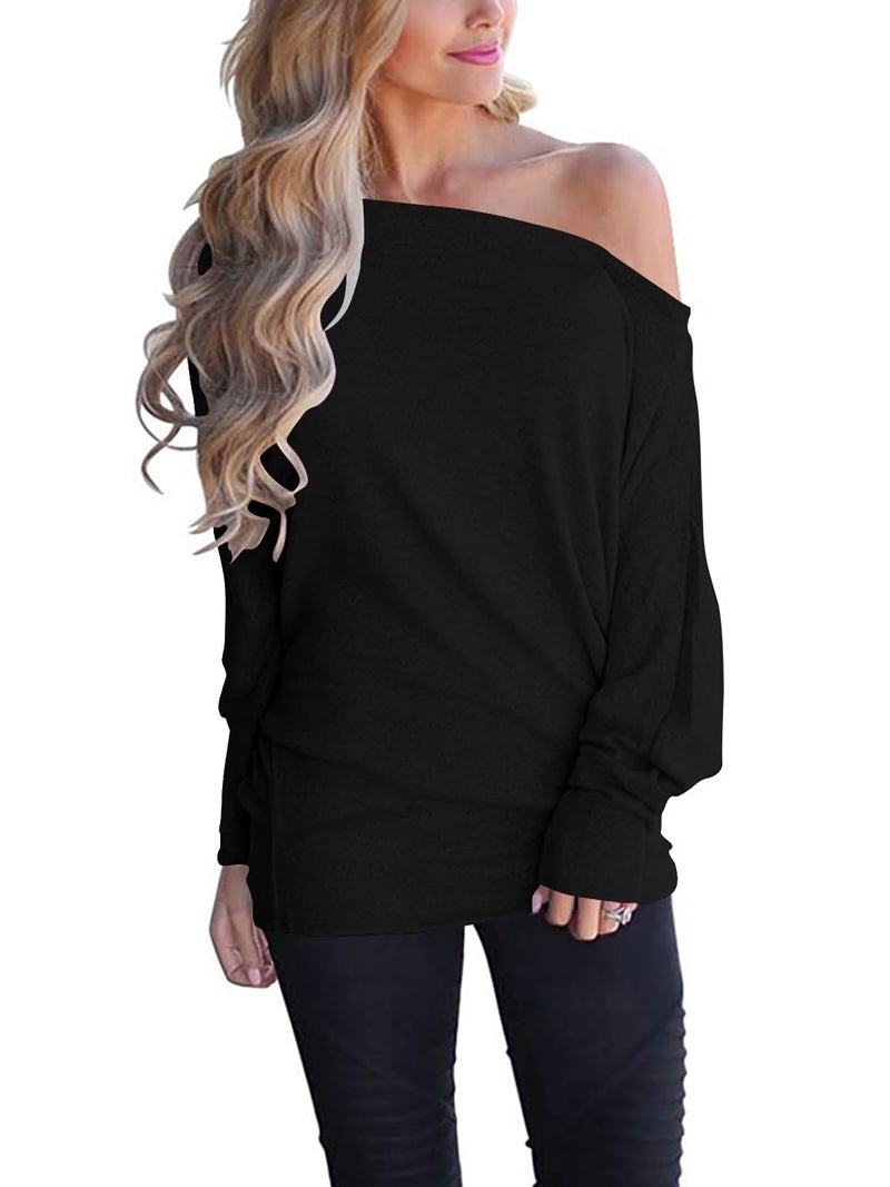 Poetsky Off Shoulder Shirts for Women Dolman Long Sleeve Tops Oversized Blouse Pullover, Black, L - Image 1